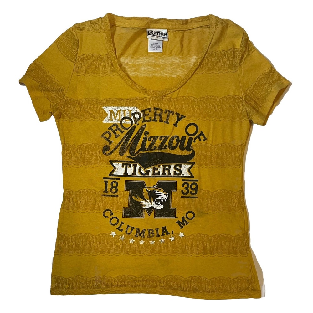Majestic Mizzou University of Missouri Tigers TShirt Women's Large Yellow V Neck